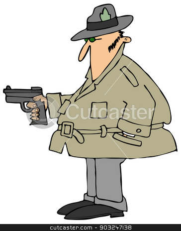 To use this stock image in your creative project, please select the size you need over to the right and click the "Add to Cart" button.
Your downloaded image will come with the Cutcaster watermark removed so don’t worry about the watermark you see on this page. Private eye with a gun stock photo, This illustration depicts a man wearing a raincoat and a fedora pointing a pistol. by Dennis Cox