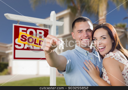 To use this stock image in your creative project, please select the size you need over to the right and click the "Add to Cart" button.
Your downloaded image will come with the Cutcaster watermark removed so don’t worry about the watermark you see on this page. Military Couple In Front of Home, House Keys and Sign stock photo, Mixed Race Excited Military Couple In Front of New Home with New House Keys and Sold Real Estate Sign Outside. by Andy Dean