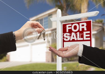 To use this stock image in your creative project, please select the size you need over to the right and click the "Add to Cart" button.
Your downloaded image will come with the Cutcaster watermark removed so don’t worry about the watermark you see on this page. Agent Handing Over House Keys in Front of New Home stock photo, Real Estate Agent Handing Over the House Keys in Front of a Beautiful New Home and For Sale Real Estate Sign. by Andy Dean