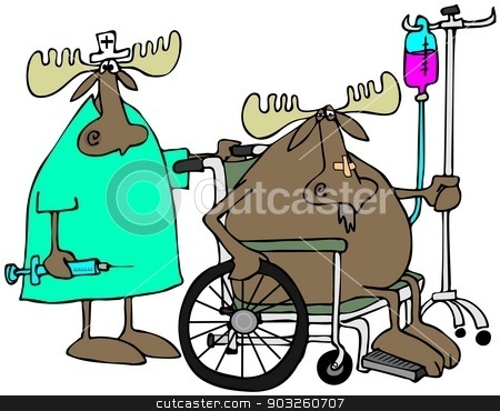 To use this stock image in your creative project, please select the size you need over to the right and click the "Add to Cart" button.
Your downloaded image will come with the Cutcaster watermark removed so don’t worry about the watermark you see on this page. Moose patient & nurse stock photo, This illustration depicts a moose in a wheelchair with a nurse behind him holding a large syringe. by Dennis Cox
