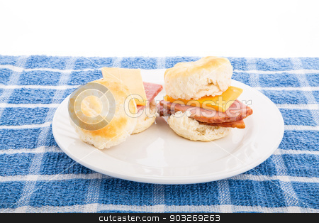To use this stock image in your creative project, please select the size you need over to the right and click the "Add to Cart" button.
Your downloaded image will come with the Cutcaster watermark removed so don’t worry about the watermark you see on this page. Ham and Cheese Biscuits stock photo, Two ham and cheese biscuits on a white plate and blue towel with white background by Darryl Brooks