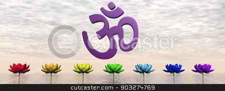 To use this stock image in your creative project, please select the size you need over to the right and click the "Add to Cart" button.
Your downloaded image will come with the Cutcaster watermark removed so don’t worry about the watermark you see on this page. Aum and chakras - 3D render stock photo, Violet aum upon lily flowers with chakra colors by sunset sky by Elenarts