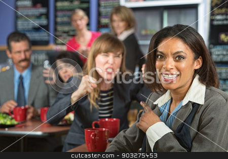 To use this stock image in your creative project, please select the size you need over to the right and click the "Add to Cart" button.
Your downloaded image will come with the Cutcaster watermark removed so don’t worry about the watermark you see on this page. Lady Pointing at Angry Person stock photo, Smiling business woman pointing at angry person in cafe by Scott Griessel