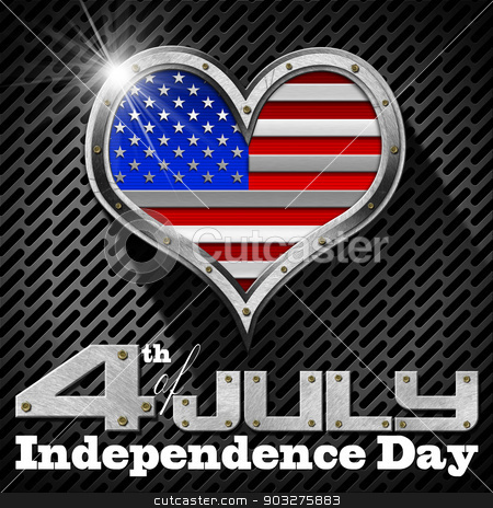 To use this stock image in your creative project, please select the size you need over to the right and click the "Add to Cart" button.
Your downloaded image will come with the Cutcaster watermark removed so don’t worry about the watermark you see on this page. 4th of July - Independence Day stock photo, Metal porthole heart shape with US flag interior, on black and gray dark grid with phrase