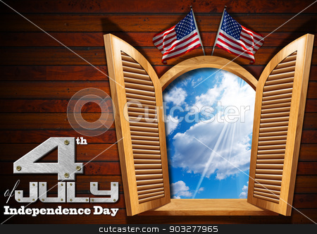 To use this stock image in your creative project, please select the size you need over to the right and click the "Add to Cart" button.
Your downloaded image will come with the Cutcaster watermark removed so don’t worry about the watermark you see on this page. 4th of July - Independence Day stock photo, A open window on wooden wall with blue sky with clouds interior, two US flags and phrase: 4th of July - Independence Day by catalby