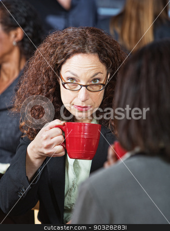 To use this stock image in your creative project, please select the size you need over to the right and click the "Add to Cart" button.
Your downloaded image will come with the Cutcaster watermark removed so don’t worry about the watermark you see on this page. Serious Businesswoman with Cup stock photo, Serious business woman in eyeglasses with red cup by Scott Griessel