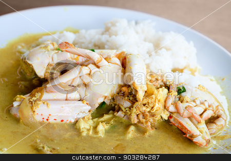 To use this stock image in your creative project, please select the size you need over to the right and click the "Add to Cart" button.
Your downloaded image will come with the Cutcaster watermark removed so don’t worry about the watermark you see on this page. Cooked crabs with rice in yellow curry sauce stock photo, Cooked crabs with rice in yellow curry sauce with vegetables in white plate, thai food by Iryna Rasko