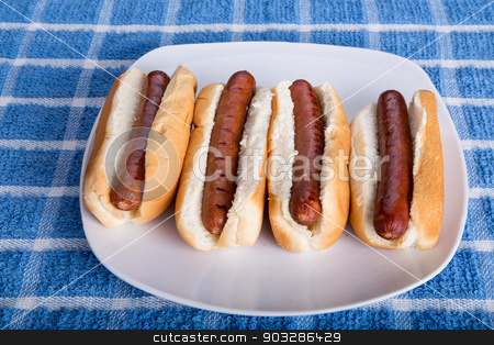To use this stock image in your creative project, please select the size you need over to the right and click the "Add to Cart" button.
Your downloaded image will come with the Cutcaster watermark removed so don’t worry about the watermark you see on this page. Four Hot Dogs stock photo, Four plain hot dogs on a white plate by Darryl Brooks