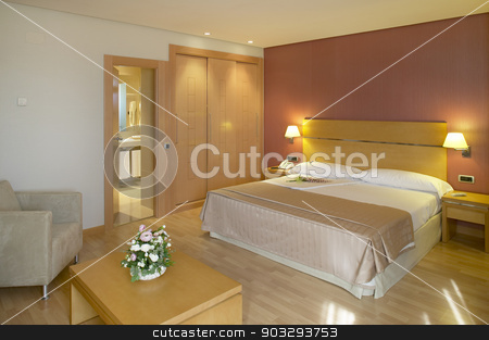 To use this stock image in your creative project, please select the size you need over to the right and click the "Add to Cart" button.
Your downloaded image will come with the Cutcaster watermark removed so don’t worry about the watermark you see on this page. Hotel bedroom interior in warm tone stock photo, Hotel bedroom interior in warm tone. Horizontal format by ABBPhoto