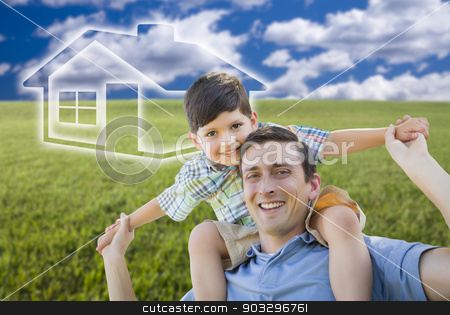 To use this stock image in your creative project, please select the size you need over to the right and click the "Add to Cart" button.
Your downloaded image will come with the Cutcaster watermark removed so don’t worry about the watermark you see on this page. Father and Son Over Grass Field, Sky, Ghosted House Icon stock photo, Excited Mixed Race Father and Son Piggyback Over Grass Field, Sky and Ghosted House Icon. by Andy Dean