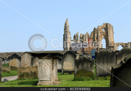 To use this stock image in your creative project, please select the size you need over to the right and click the "Add to Cart" button.
Your downloaded image will come with the Cutcaster watermark removed so don’t worry about the watermark you see on this page. Whitby Abbey stock photo, Scenic view of Whitby abbey viewed from St. Mary's church, North Yorkshire, England. by Martin Crowdy