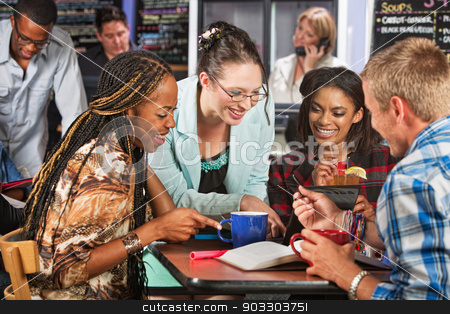 To use this stock image in your creative project, please select the size you need over to the right and click the "Add to Cart" button.
Your downloaded image will come with the Cutcaster watermark removed so don’t worry about the watermark you see on this page. Happy Students in Cafe stock photo, Group of four excited students studying in cafe by Scott Griessel
