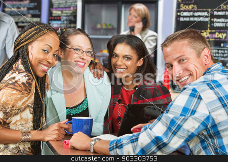 To use this stock image in your creative project, please select the size you need over to the right and click the "Add to Cart" button.
Your downloaded image will come with the Cutcaster watermark removed so don’t worry about the watermark you see on this page. Four Diverse Friends stock photo, Diverse group of friends smiling in coffee house by Scott Griessel