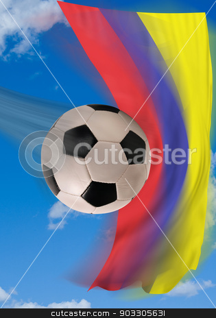 To use this stock image in your creative project, please select the size you need over to the right and click the "Add to Cart" button.
Your downloaded image will come with the Cutcaster watermark removed so don’t worry about the watermark you see on this page. Colombian Soccer. stock photo, Soccer ball flying fast with Colombian flag in background. by WScott