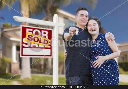 To use this stock image in your creative project, please select the size you need over to the right and click the "Add to Cart" button.
Your downloaded image will come with the Cutcaster watermark removed so don’t worry about the watermark you see on this page. Hispanic Couple, Keys, New Home and Sold Real Estate Sign stock photo, Young Happy Pregnant Hispanic Young Couple with House Keys in Front of Their New Home and Sold For Sale Real Estate Sign. by Andy Dean