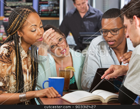 To use this stock image in your creative project, please select the size you need over to the right and click the "Add to Cart" button.
Your downloaded image will come with the Cutcaster watermark removed so don’t worry about the watermark you see on this page. Students Cramming stock photo, Worried young student with friends studying in cafe by Scott Griessel