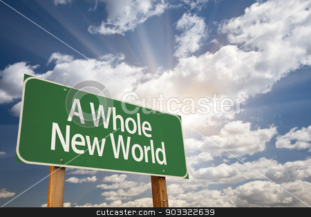 To use this stock image in your creative project, please select the size you need over to the right and click the "Add to Cart" button.
Your downloaded image will come with the Cutcaster watermark removed so don’t worry about the watermark you see on this page. A Whole New World Green Road Sign stock photo, A Whole New World Green Road Sign with Dramatic Clouds and Sky. by Andy Dean