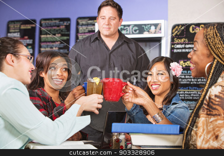 To use this stock image in your creative project, please select the size you need over to the right and click the "Add to Cart" button.
Your downloaded image will come with the Cutcaster watermark removed so don’t worry about the watermark you see on this page. Students Holding Drinks stock photo, Male coffee house barista with students celebrating by Scott Griessel