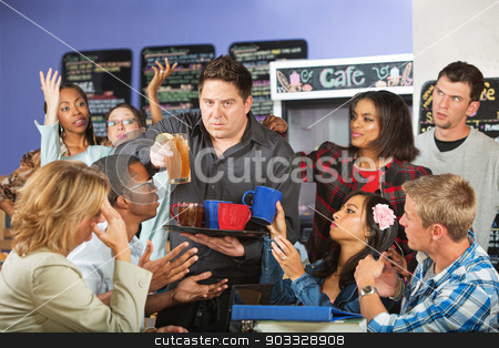 To use this stock image in your creative project, please select the size you need over to the right and click the "Add to Cart" button.
Your downloaded image will come with the Cutcaster watermark removed so don’t worry about the watermark you see on this page. Stressed Out Waiter stock photo, Stressed out restaurant waiter with group of angry customers by Scott Griessel
