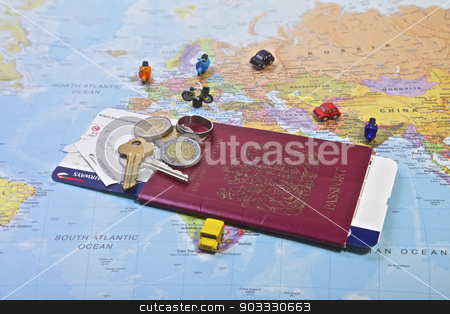 To use this stock image in your creative project, please select the size you need over to the right and click the "Add to Cart" button.
Your downloaded image will come with the Cutcaster watermark removed so don’t worry about the watermark you see on this page. Passport, Travel stock photo, British Passport flight ticket and personal belongings displayed on a world map. Travel and vacation by Vividrange
