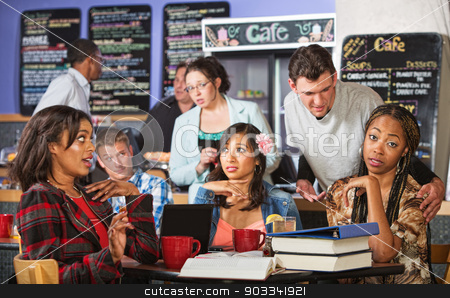 To use this stock image in your creative project, please select the size you need over to the right and click the "Add to Cart" button.
Your downloaded image will come with the Cutcaster watermark removed so don’t worry about the watermark you see on this page. Man Annoying Students in Cafe stock photo, Annoyed beautiful students and suave man in cafe by Scott Griessel