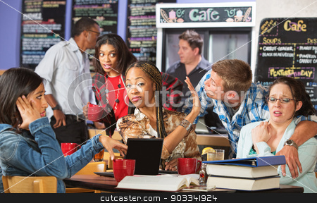 To use this stock image in your creative project, please select the size you need over to the right and click the "Add to Cart" button.
Your downloaded image will come with the Cutcaster watermark removed so don’t worry about the watermark you see on this page. Man Trying to Kiss Women stock photo, Cringing women annoyed with man kissing them in cafe by Scott Griessel