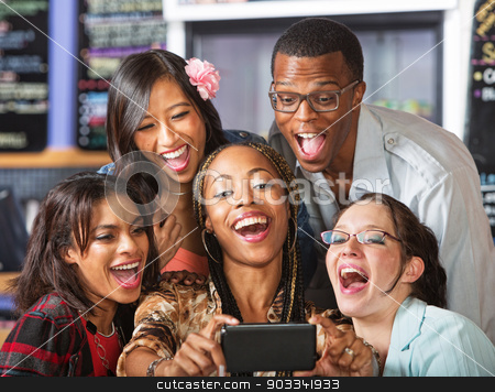To use this stock image in your creative project, please select the size you need over to the right and click the "Add to Cart" button.
Your downloaded image will come with the Cutcaster watermark removed so don’t worry about the watermark you see on this page. Laughing Students Holding Smartphone stock photo, Group of students taking self-portrait with camera phone by Scott Griessel
