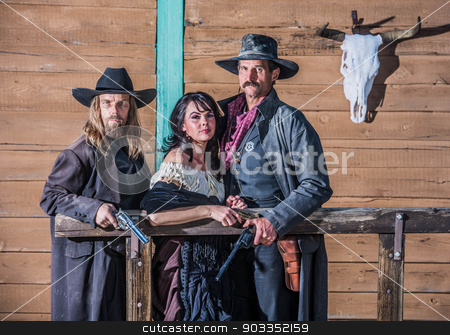To use this stock image in your creative project, please select the size you need over to the right and click the "Add to Cart" button.
Your downloaded image will come with the Cutcaster watermark removed so don’t worry about the watermark you see on this page. Old West Portrait stock photo, Portrait of three old west citizens by Scott Griessel