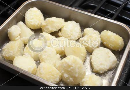 To use this stock image in your creative project, please select the size you need over to the right and click the "Add to Cart" button.
Your downloaded image will come with the Cutcaster watermark removed so don’t worry about the watermark you see on this page. Preparing roast potatoes stock photo, Preparing roast potatoes by par boiling them and placing them in an oven dish with oil to roast and crisp up by Stephen Gibson
