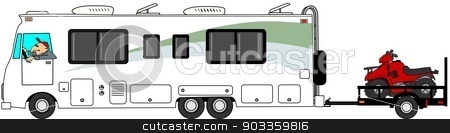 To use this stock image in your creative project, please select the size you need over to the right and click the "Add to Cart" button.
Your downloaded image will come with the Cutcaster watermark removed so don’t worry about the watermark you see on this page. Motorhome towing ATV trailer stock photo, This illustration depicts a Class A motorhome towing a utility trailer with 2 ATV's. by Dennis Cox