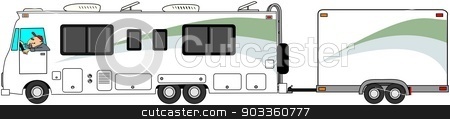 To use this stock image in your creative project, please select the size you need over to the right and click the "Add to Cart" button.
Your downloaded image will come with the Cutcaster watermark removed so don’t worry about the watermark you see on this page. Motorhome towing cargo trailer stock photo, This illustration depicts a Class A motorhome towing a matching enclosed cargo trailer. by Dennis Cox