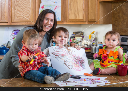 To use this stock image in your creative project, please select the size you need over to the right and click the "Add to Cart" button.
Your downloaded image will come with the Cutcaster watermark removed so don’t worry about the watermark you see on this page. Mother Poses With Children stock photo, Mother poses with children in the kitchen by Scott Griessel
