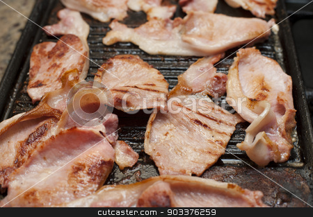 To use this stock image in your creative project, please select the size you need over to the right and click the "Add to Cart" button.
Your downloaded image will come with the Cutcaster watermark removed so don’t worry about the watermark you see on this page. Rashers of smoked bacon on a griddle stock photo, Delicious lean grilled rashers of smoked bacon on a griddle for a family breakfast or in a restaurant, close up high angle view by Stephen Gibson