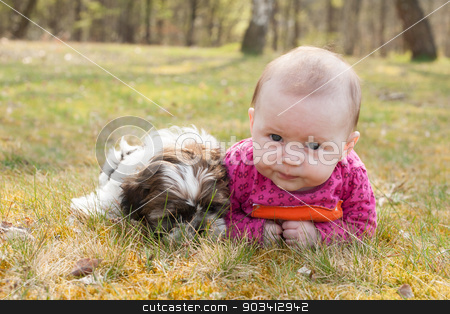 To use this stock image in your creative project, please select the size you need over to the right and click the "Add to Cart" button.
Your downloaded image will come with the Cutcaster watermark removed so don’t worry about the watermark you see on this page. Cute puppy and baby in the park stock photo, Cute baby and puppy are on the grass in nature by Frenk and Danielle Kaufmann