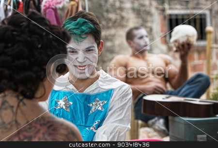 To use this stock image in your creative project, please select the size you need over to the right and click the "Add to Cart" button.
Your downloaded image will come with the Cutcaster watermark removed so don’t worry about the watermark you see on this page. Cirque Clowns Giggling stock photo, Giggling male cirque clown laughing with friend backstage by Scott Griessel