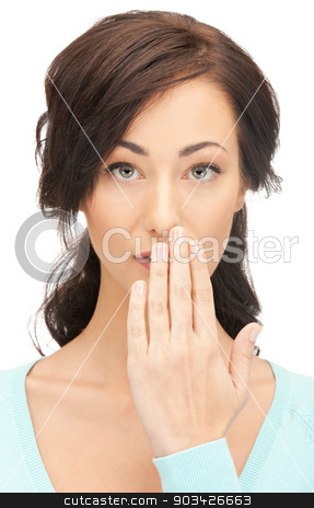 To use this stock image in your creative project, please select the size you need over to the right and click the "Add to Cart" button.
Your downloaded image will come with the Cutcaster watermark removed so don’t worry about the watermark you see on this page. woman with hand over mouth stock photo, bright closeup picture of woman with hand over mouth. by Syda Productions