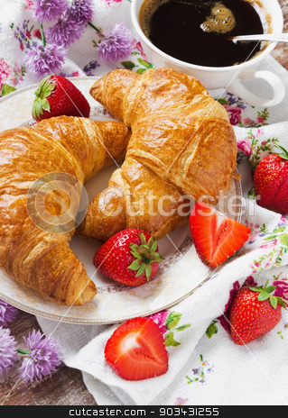 To use this stock image in your creative project, please select the size you need over to the right and click the "Add to Cart" button.
Your downloaded image will come with the Cutcaster watermark removed so don’t worry about the watermark you see on this page. crunchy breakfast stock photo, croissants in a plate, a cup of coffee and strawberry. selective focus by Jevgeni Proshin