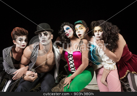 To use this stock image in your creative project, please select the size you need over to the right and click the "Add to Cart" button.
Your downloaded image will come with the Cutcaster watermark removed so don’t worry about the watermark you see on this page. Five Serious Cirque Clowns stock photo, Five serious cirque clowns on theater stage by Scott Griessel