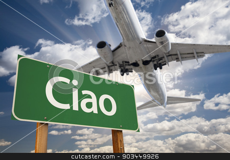 To use this stock image in your creative project, please select the size you need over to the right and click the "Add to Cart" button.
Your downloaded image will come with the Cutcaster watermark removed so don’t worry about the watermark you see on this page. Ciao Green Road Sign and Airplane Above stock photo, Ciao Green Road Sign and Airplane Above with Dramatic Blue Sky and Clouds. by Andy Dean