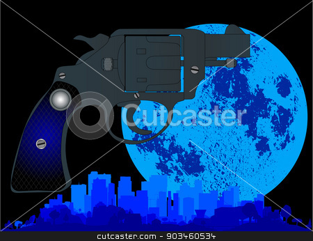 To use this stock image in your creative project, please select the size you need over to the right and click the "Add to Cart" button.
Your downloaded image will come with the Cutcaster watermark removed so don’t worry about the watermark you see on this page. Law and Order stock vector clipart, A cityscape with a large full moon glowing and a snub nose 45 in the foreground by Kotto