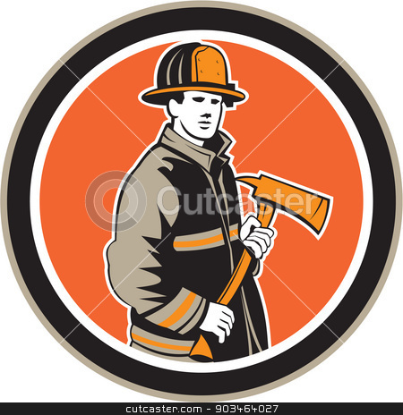 To use this stock image in your creative project, please select the size you need over to the right and click the "Add to Cart" button.
Your downloaded image will come with the Cutcaster watermark removed so don’t worry about the watermark you see on this page. Fireman Firefighter Holding Fire Axe Circle stock vector clipart, Illustration of a fireman fire fighter emergency worker holding a fire axe viewed from front set inside circle on isolated background done in retro style. by patrimonio