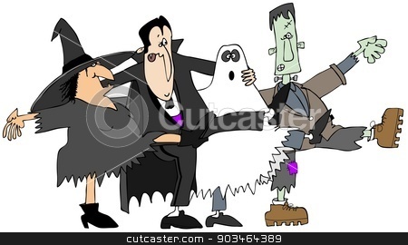 To use this stock image in your creative project, please select the size you need over to the right and click the "Add to Cart" button.
Your downloaded image will come with the Cutcaster watermark removed so don’t worry about the watermark you see on this page. Halloween cancan stock photo, This illustration depicts a witch, vampire, ghost and monster dancing in unison kicking their legs up. by Dennis Cox