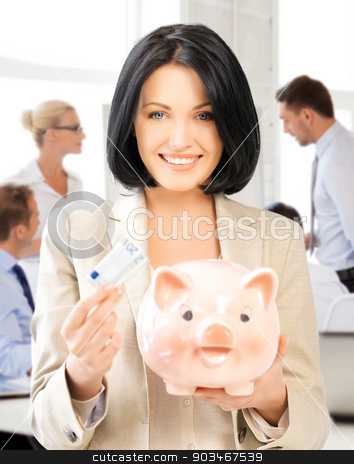 To use this stock image in your creative project, please select the size you need over to the right and click the "Add to Cart" button.
Your downloaded image will come with the Cutcaster watermark removed so don’t worry about the watermark you see on this page. woman with piggy bank and cash money stock photo, business and money saving concept - woman with piggy bank and cash money by Syda Productions