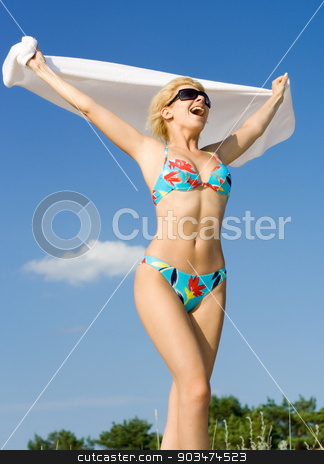 To use this stock image in your creative project, please select the size you need over to the right and click the "Add to Cart" button.
Your downloaded image will come with the Cutcaster watermark removed so don’t worry about the watermark you see on this page. freedom stock photo, pretty blond in bikini screaming on the beach by Syda Productions