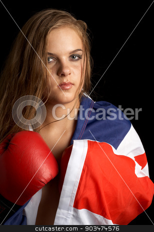 To use this stock image in your creative project, please select the size you need over to the right and click the "Add to Cart" button.
Your downloaded image will come with the Cutcaster watermark removed so don’t worry about the watermark you see on this page. british boxer stock photo, boxer girl with british flag by Syda Productions