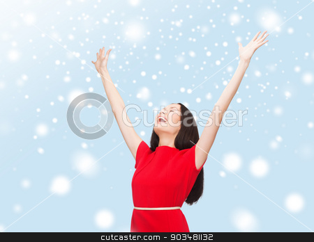 To use this stock image in your creative project, please select the size you need over to the right and click the "Add to Cart" button.
Your downloaded image will come with the Cutcaster watermark removed so don’t worry about the watermark you see on this page. smiling young woman in red dress waving hands stock photo, happiness and people concept - smiling young woman in red dress waving hands with closed eyes by Syda Productions