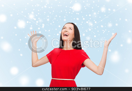 To use this stock image in your creative project, please select the size you need over to the right and click the "Add to Cart" button.
Your downloaded image will come with the Cutcaster watermark removed so don’t worry about the watermark you see on this page. smiling young woman in red dress with hands up stock photo, happiness and people concept - smiling young woman in red dress with hands up by Syda Productions