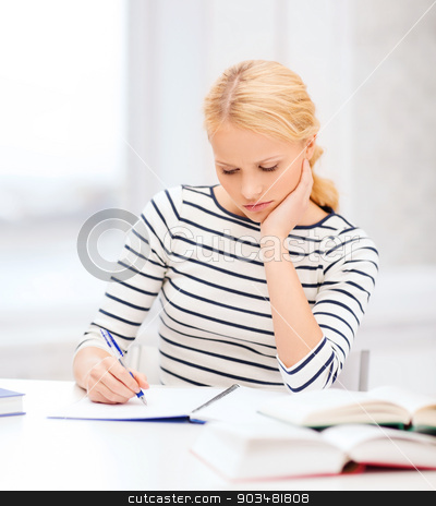 To use this stock image in your creative project, please select the size you need over to the right and click the "Add to Cart" button.
Your downloaded image will come with the Cutcaster watermark removed so don’t worry about the watermark you see on this page. concentrated woman studying in college stock photo, education, school and business concept - concentrated woman with books and notebook studying in college by Syda Productions