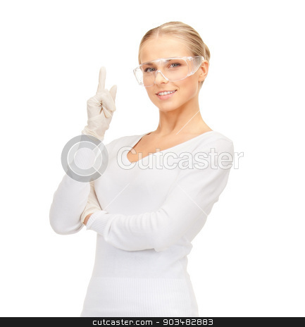 To use this stock image in your creative project, please select the size you need over to the right and click the "Add to Cart" button.
Your downloaded image will come with the Cutcaster watermark removed so don’t worry about the watermark you see on this page. woman in protective glasses and gloves stock photo, healthcare and medical concept - woman in protective glasses and gloves by Syda Productions