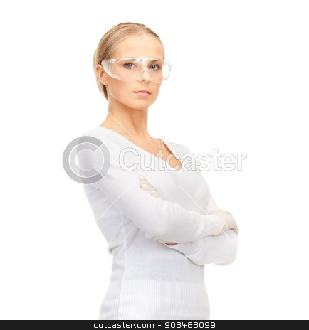 To use this stock image in your creative project, please select the size you need over to the right and click the "Add to Cart" button.
Your downloaded image will come with the Cutcaster watermark removed so don’t worry about the watermark you see on this page. woman in protective glasses and gloves stock photo, healthcare and medical concept - woman in protective glasses and gloves by Syda Productions